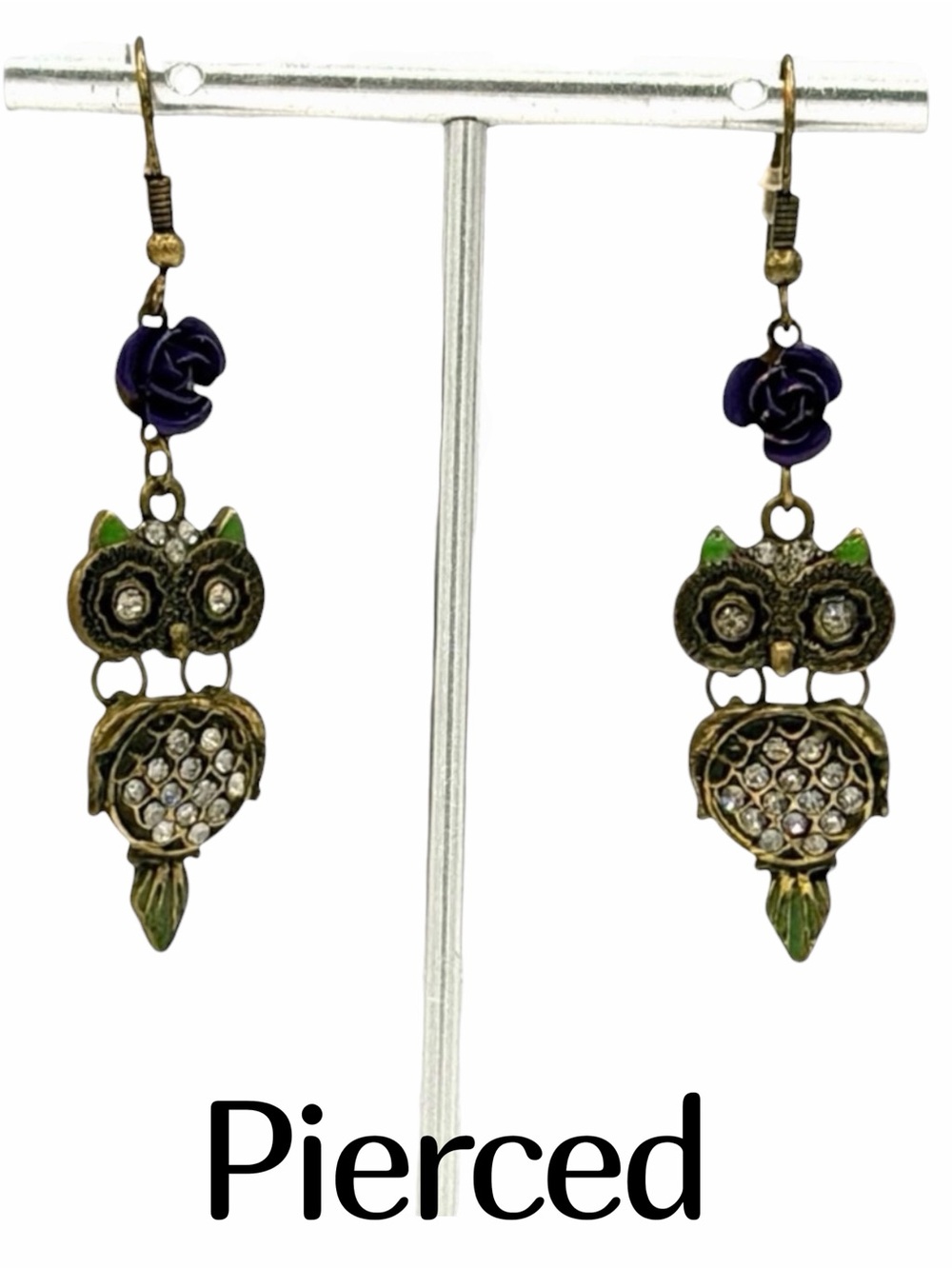 Bronze Owl Purple Rose Metal Crystal Dangle Pierced Earring’s Jewelry Bird